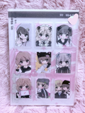 Sheet of anime-style character stickers on a pink textured background